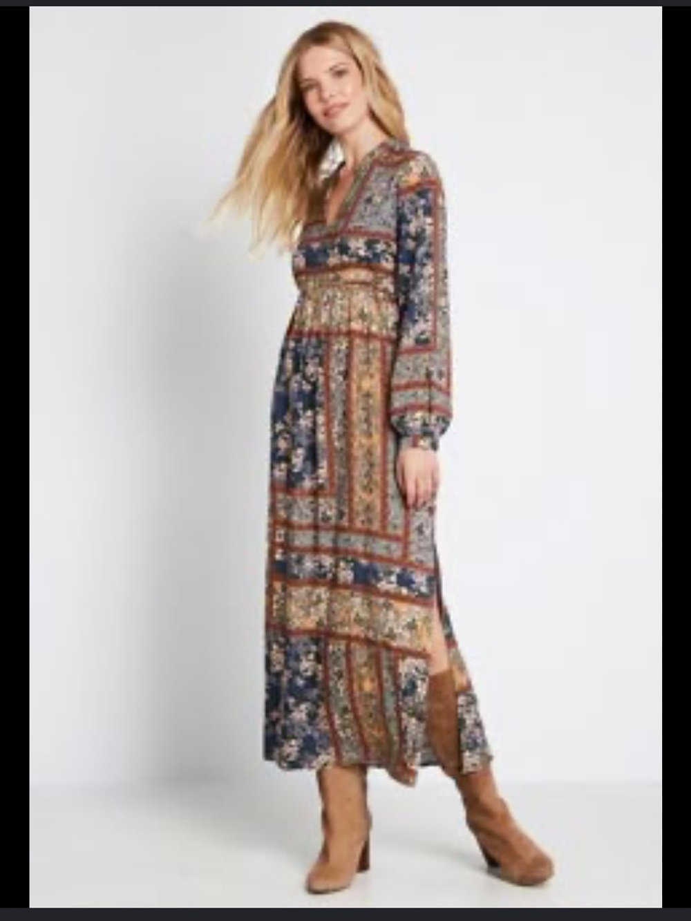 Jessy B Boho Patchwork Floral Maxi Dress Size Medium M Long Sleeve V-Neck